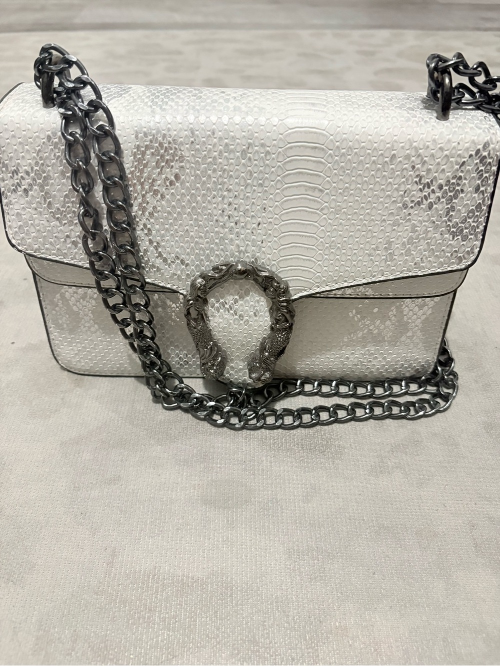 White Snake-Embossed Shoulder Bag with Gunmetal Chain